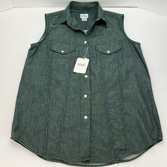 Vtg Theo Denim Button Up Sleeveless Shirt Top NWT Chest Pockets Curved H… - Picture 9 of 9